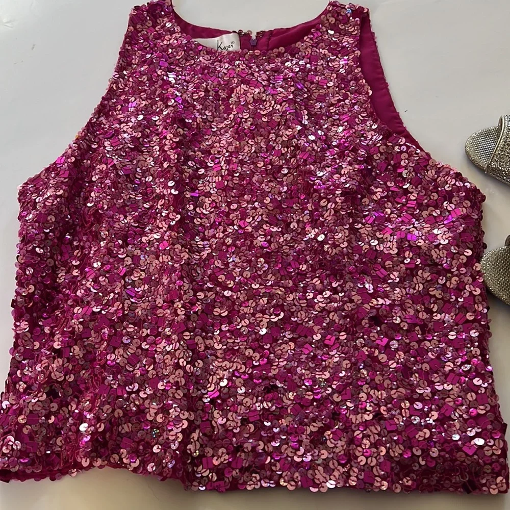 Laurence Kazar pure silk sequined going out crop top fuchsia EUC sari blouse - Picture 5 of 7